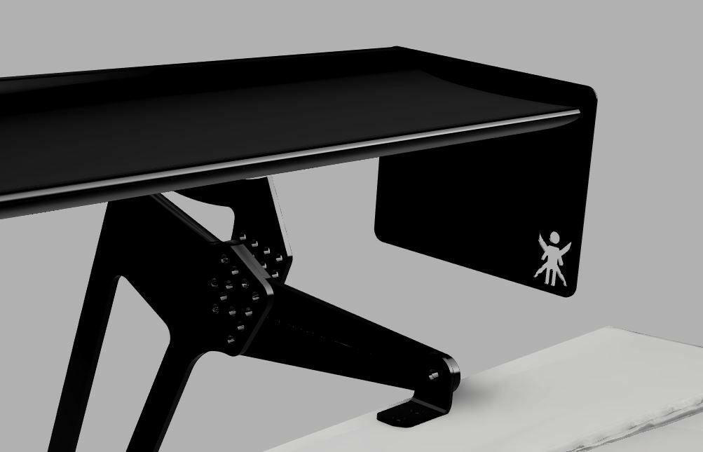 A car is equipped with the Civic Hatch EF Wang kit 88-91 by 9livesracing, which includes a black automotive spoiler featuring an aerodynamic design optimized for down-force. The spoiler showcases angular mounting brackets and an endplate adorned with a small white logo of a person figure holding a circle, set against a plain, light grey background.