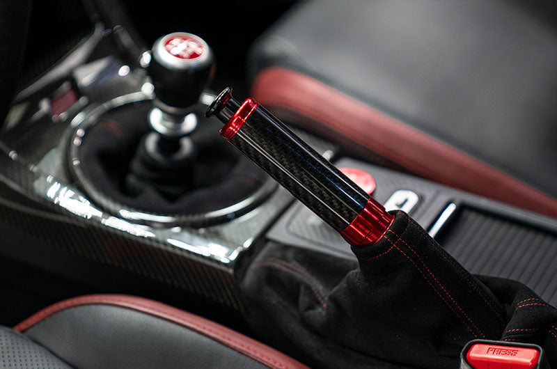 OLM Signature Series Ebrake Handle (Black Carbon w/Red) - 2015-2021 WRX & STI / 2013-2022 FR-S / BRZ / 86 / 2014-2018 Forester / 2013+ *Crosstrek - Graveyard Performance