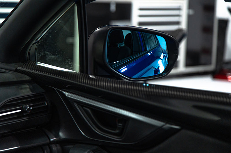 OLM Wide Angle Convex Mirrors w/ Turn Signals / Defrosters (Blue) - Subaru WRX 2022+ - Graveyard Performance
