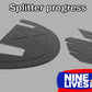 A graphic illustrating the assembly progress of a Miata Medium Downforce Kit '90-05 NA/NB for an NB Miata. The components are arranged on a flat surface: with a large curved piece to the left and two smaller pieces to the right. The text "Splitter Progress" is displayed at the top, and the 9livesracing logo is featured at the bottom.