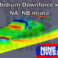 A digitally rendered image shows a Mazda NB Miata equipped with the Miata Medium Downforce Kit '90-05 NA/NB. The car is depicted with aerodynamic streamlines and a color gradient indicating airflow around it. Text reads "Miata Medium Downforce Kit '90-05 NA/NB," with the 9livesracing logo at the bottom.