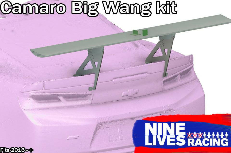 A 3D rendering shows the rear view of a car with a large wing spoiler installed on the trunk. The text "Camaro Wang 2016+ 6th Gen" is at the top, with "9livesracing" and their logo at the bottom right. "Fits 2016+" is at the lower left corner, emphasizing GT3 performance through superior downforce adjustments.