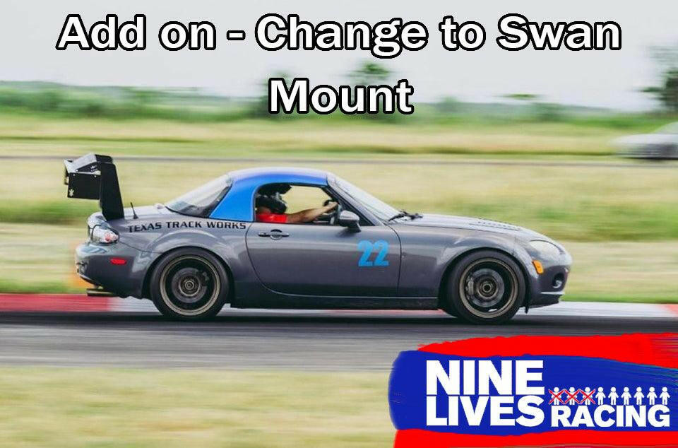 A gray race car with a large black spoiler, numbered 22 on the door and displaying "Texas Track Works" on the side, speeds down the racetrack. "Add on - Change to Swan Mount" is written at the top. The logo for 9livesracing, known for their Miata Big Wang Kit '06-15 NC (V2), appears in the bottom right corner, showcasing their expertise in racing aerodynamics.