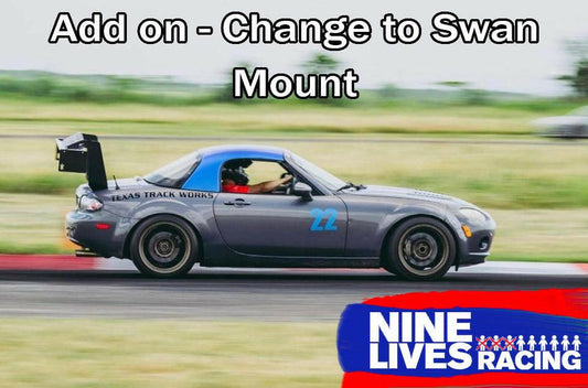 A gray race car with a large black spoiler, numbered 22 on the door and displaying "Texas Track Works" on the side, speeds down the racetrack. "Add on - Change to Swan Mount" is written at the top. The logo for 9livesracing, known for their Miata Big Wang Kit '06-15 NC (V2), appears in the bottom right corner, showcasing their expertise in racing aerodynamics.