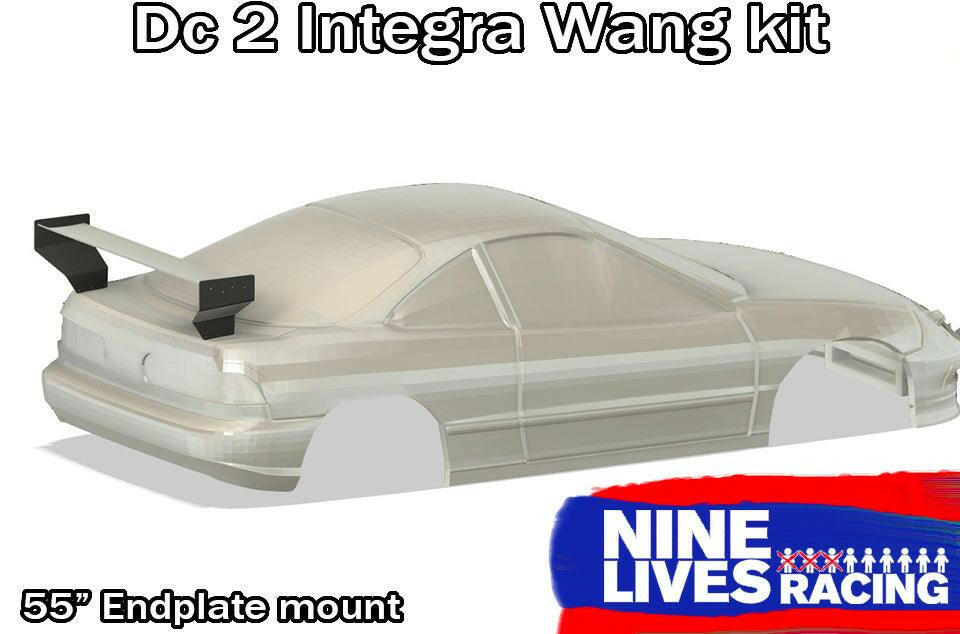 A digital rendering of a car with a large rear wing is shown. Text at the top reads "Integra V2 Big Wang Kit '94-01 DC2" and at the bottom, "55'' Endplate mount," emphasizing its downforce capabilities. The 9livesracing logo is visible in the lower right corner.