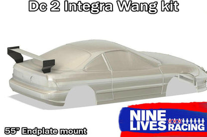 A digital rendering of a car with a large rear wing is shown. Text at the top reads "Integra V2 Big Wang Kit '94-01 DC2" and at the bottom, "55'' Endplate mount," emphasizing its downforce capabilities. The 9livesracing logo is visible in the lower right corner.