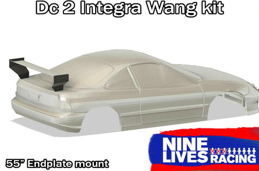 A digital rendering of a car with a large rear wing is shown. Text at the top reads "Integra V2 Big Wang Kit '94-01 DC2" and at the bottom, "55'' Endplate mount," emphasizing its downforce capabilities. The 9livesracing logo is visible in the lower right corner.