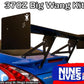 A blue sports car is depicted with a prominent black rear wing mounted on its trunk. Above the wing, the text reads "370z Big Wang Kit '08-20 Z34," while the bottom left corner states "Customer painted wing W/Mega endplate." The image highlights extruded aluminum wings designed for optimal down-force adjustments, and in the bottom right corner, there is a "9livesracing" logo.