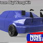 A blue car with black wheels is equipped with a large rear wing, specifically the "3-Series Big Wang Kit '90-00 E36," featuring high-efficiency extruded aluminum wings. The background is plain gray. In the bottom corner, there's a logo for "9livesracing" in blue and white text with a red and blue graphic.