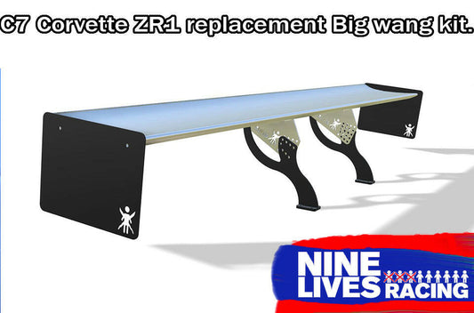 The Corvette Big Wang ZR1 replacement wing C7, branded by 9livesracing, is showcased with black endplates and a silver extruded aluminum wing blade against a white backdrop. It is designed to provide high down-force for enhanced performance. The distinctive "9livesracing" logo in blue and red is prominently featured at the bottom right.