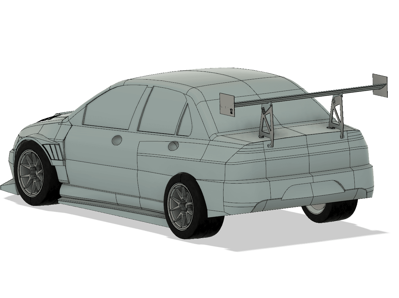 A digitally rendered image of a sports sedan with a large aluminum rear wing, aerodynamic body modifications, and wide tires. The car appears to be designed for high performance or racing purposes. Dubbed the Evolution 8/9 Big Wang kit ’03-07 CT9A by 9livesracing, it emphasizes down-force. The perspective is from the rear three-quarters.