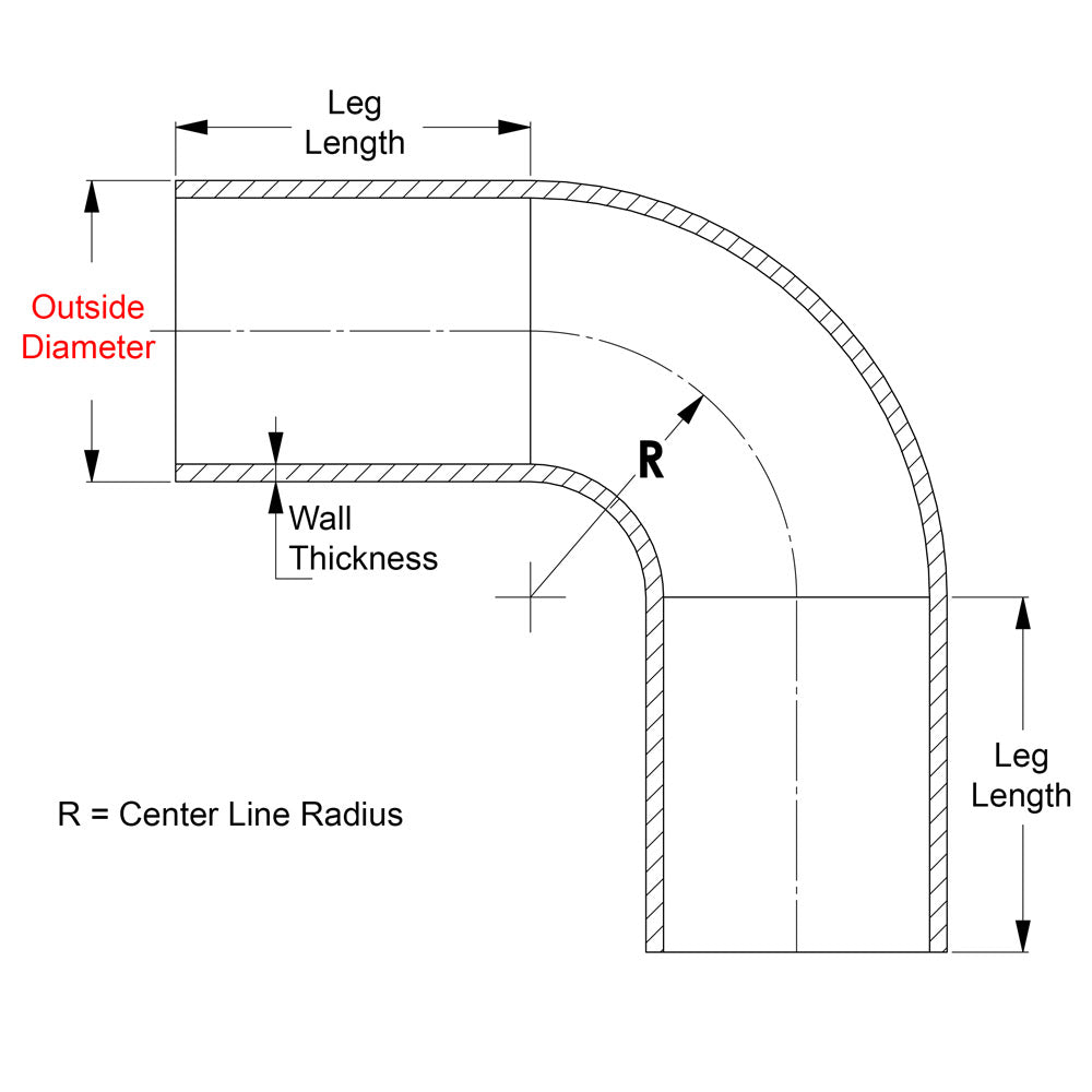 HPS 3.5" OD 90 Degree Bend 6061 Aluminum Elbow, 16 Gauge w/ 3 1/2" CLR
