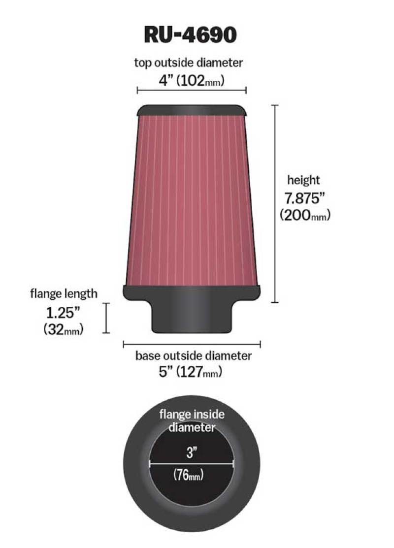 K&N Universal Round Tapered Filter 3 inch FLG / 5 inch Bottom / 4 inch Top / 7 7/8 inch Height - Graveyard Performance
