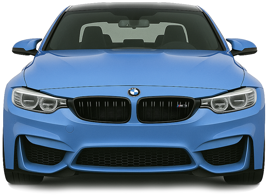 Blue BMW car front view on a white background