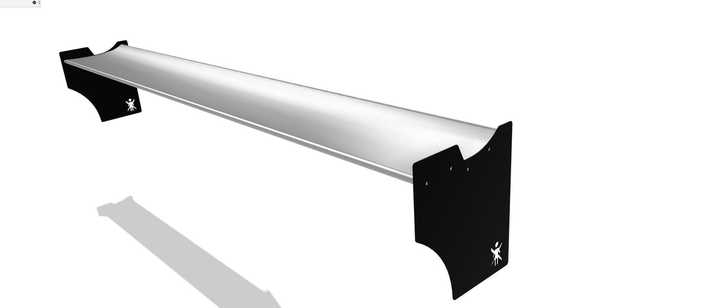 A sleek, lightweight Audi TT 2nd gen. 06-2014 shelf by 9livesracing, featuring a minimalist design with black brackets on both ends. The metallic silver surface glimmers, and the brackets sport small white logos near the bottom. The entire piece is set against a plain white background.