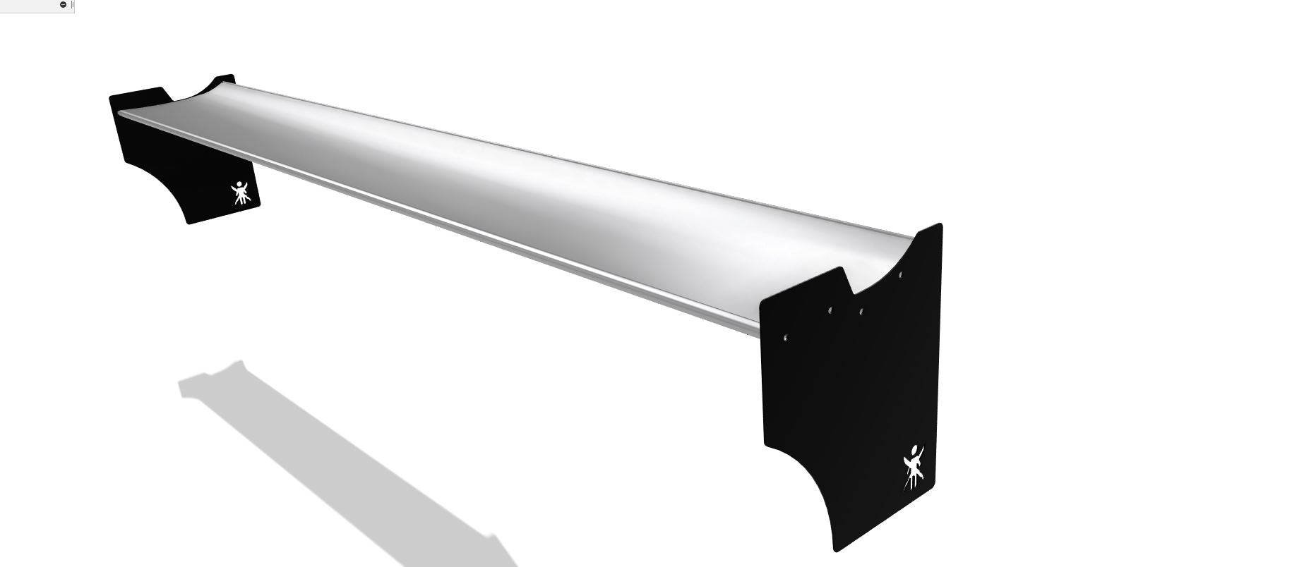 The Ariel Atom Big Wang, by 9livesracing, is mounted against a white background. This sleek, minimalist floating wall shelf features a silver top and black brackets on each end. The black brackets, reminiscent of airfoils, display a small white 9livesracing logo near the bottom. The design is modern and elegant.