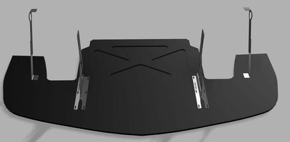The Corvette Splitter - C6 & C5 ‘05-13 by 9livesracing is a black, aerodynamically designed lip splitter for your vehicle. It features smooth contours with CNC cut pockets and mounting brackets on either side. The central section showcases an X-shaped design for added reinforcement. It is displayed against a plain gray background.