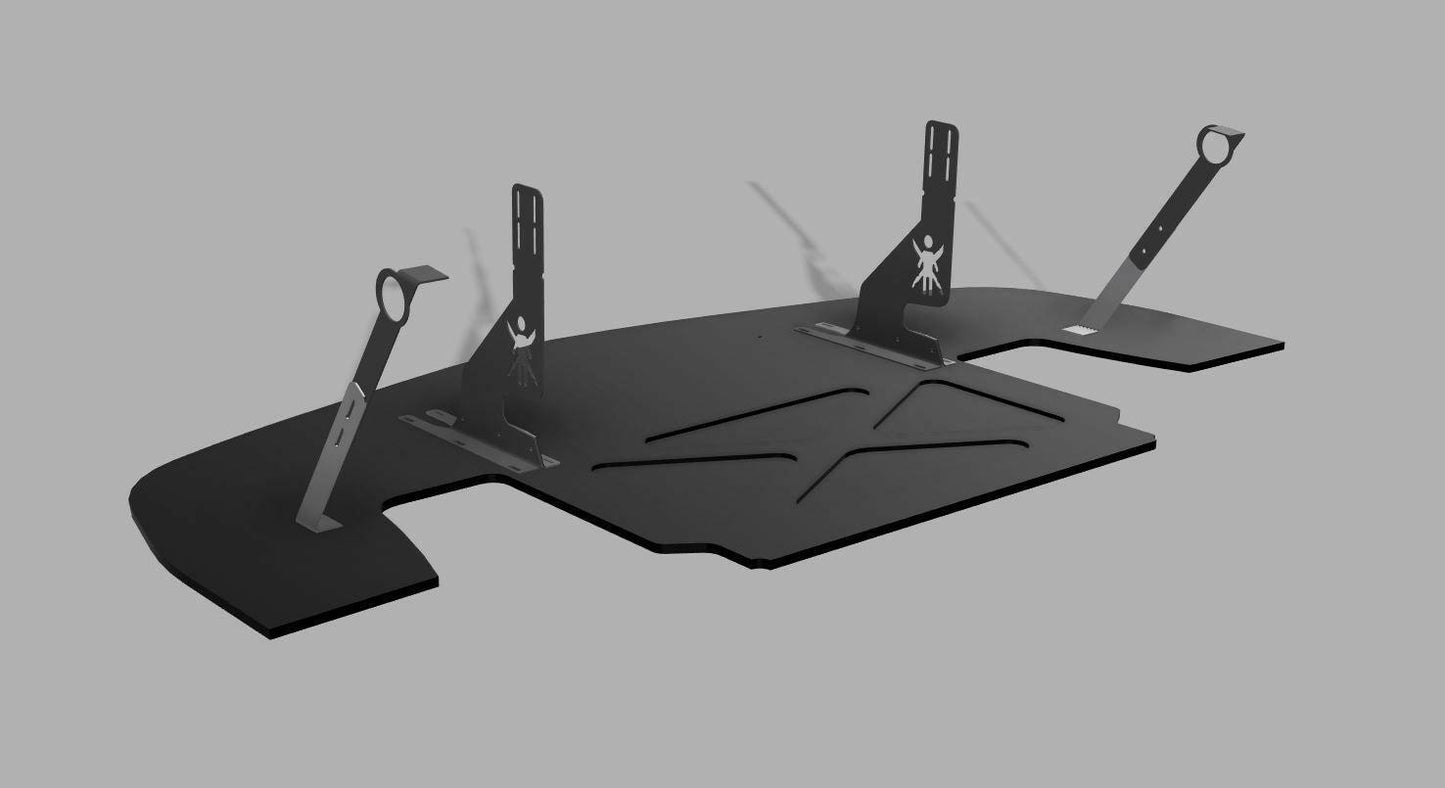 A Corvette Splitter - C6 & C5 ‘05-13, from 9livesracing, is depicted. The black metal component features three vertical brackets of varying heights and an irregular shape. It also has CNC-cut pockets and a slotted design on the main body, set against a plain grey background.