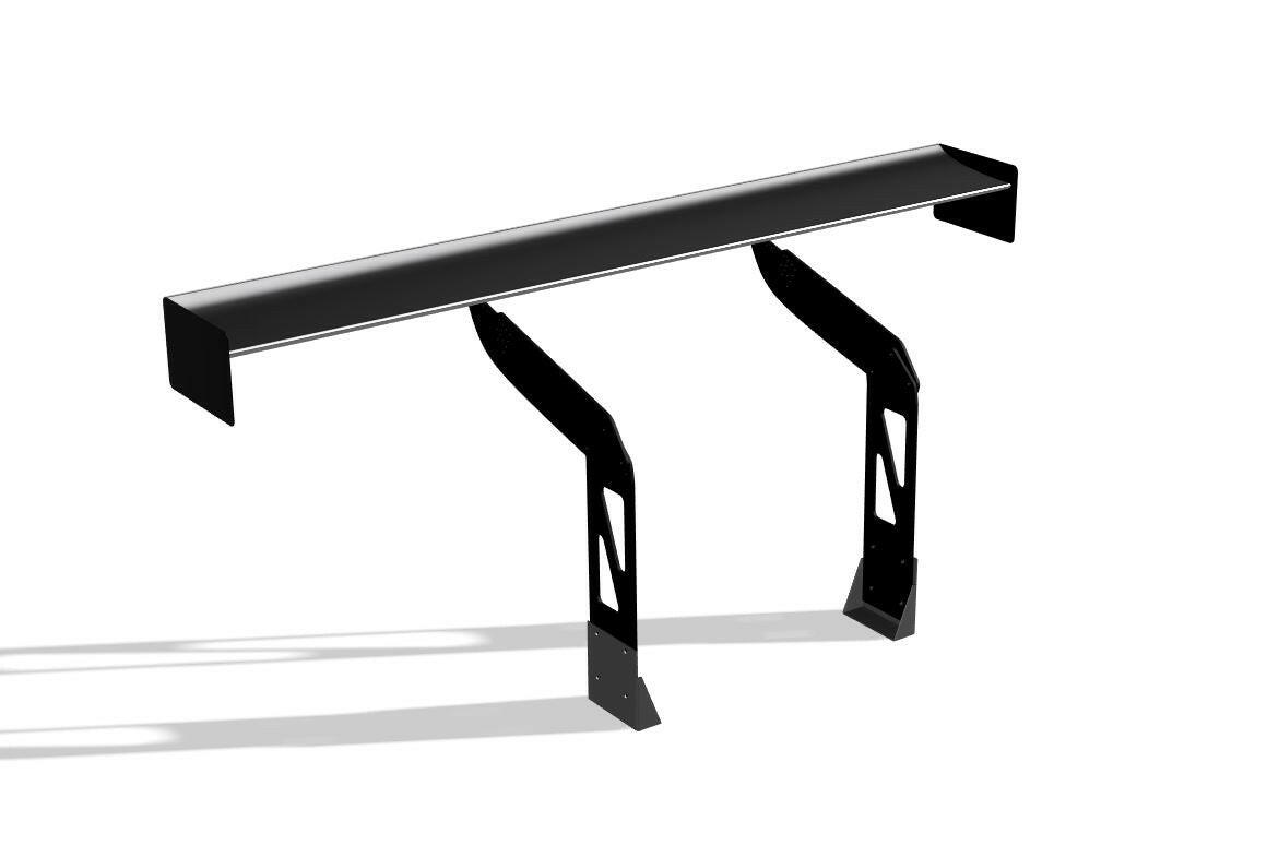 A black Camaro Wang 2016+ 6th Gen Chassis Mount car spoiler from 9livesracing, with an aerodynamic design, stands against a white background. The GT3 performance spoiler features a long, flat top section supported by two angled brackets, creating an L-shaped structure. Shadows from the aluminum wings and brackets are cast on the surface below.