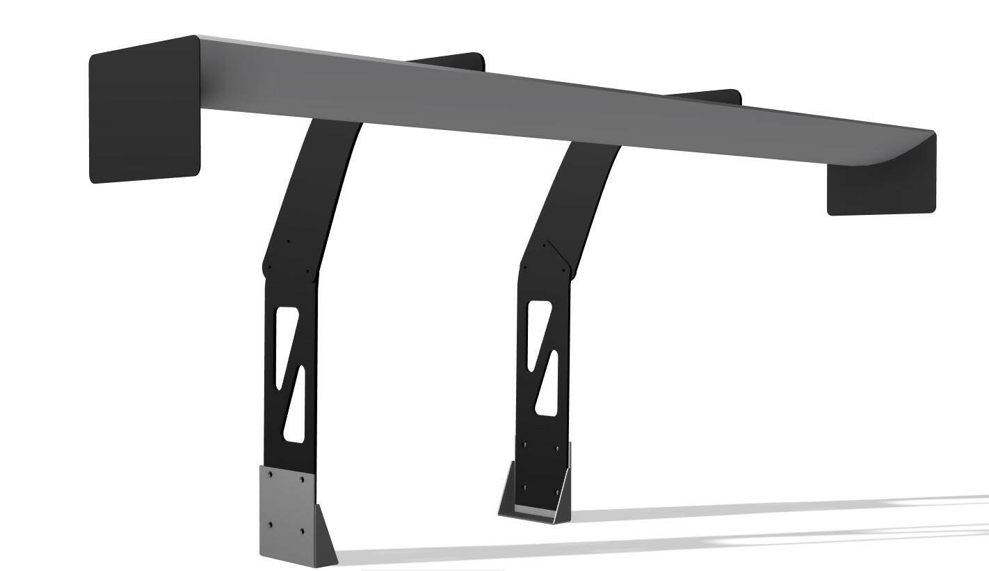 A 3D-rendered image of the Camaro Wang 2016+ 6th Gen - Chassis mount from 9livesracing features an aluminum wing with two black supportive brackets at each end. Designed for GT3 performance, this spoiler is intended to be mounted at the rear of a car to enhance aerodynamics and downforce.