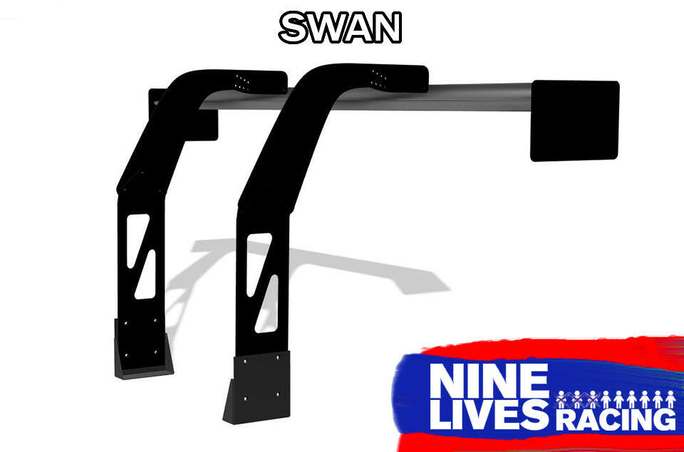 The image shows a black "Camaro Wang 2016+ 6th Gen- Chassis mount" racing wing from 9livesracing at the top. It is mounted on a metal bar with support brackets designed for optimal downforce and GT3 performance. In the bottom right corner, the "9livesracing" logo is in blue and white with a red stripe behind it.