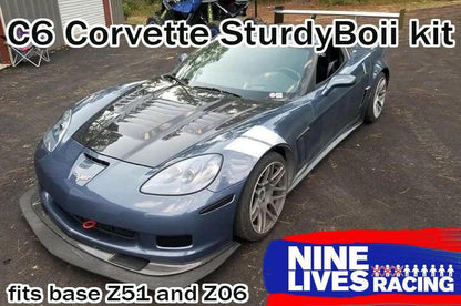 A metallic blue Corvette with an aftermarket body kit is parked in a driveway. The text overlay reads, "Corvette Splitter - C6 & C5 '05-13 fits base Z51 and Z06" at the bottom, featuring CNC cut pockets for precision, and "9livesracing" with a logo in the bottom right corner.