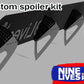 An image of a Custom spoiler kit with a black and silver design, featuring four mounting brackets. The text "Custom spoiler kits" is at the top, and "9livesracing" is displayed along the bottom right against a red and blue background with white lettering. This AOA adjustable kit ensures optimal downforce adjustment.