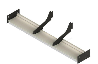 The image displays the Exocet Chrome Horn Nose Wang Kit by 9livesracing, featuring two vertical supporting arms and mounting plates on each side. The angled supports, resembling aluminum wings with a notch at the top, are designed to secure a shelf or similar item effectively. This structure appears engineered for strength and stability.