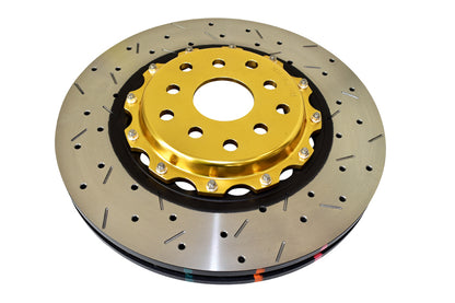 DBA 04-07 STi/2017 BRZ w/Perf. Pkg. 10 Hole Front Drilled/Slotted 5000 Series 2 Pc Rotor w/Gold Hat - Graveyard Performance