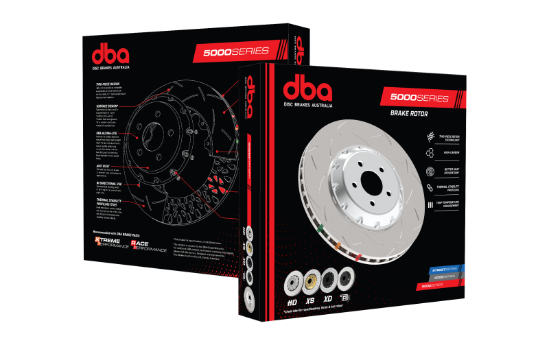 DBA 02-10 WRX / 13+ FR-S / 13+ BRZ Premium  Front Slotted 5000 Series 2 Piece Rotor w/ Black Hat