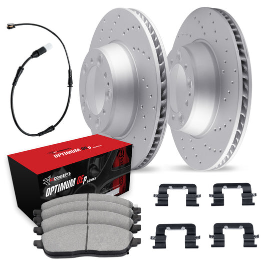 R1 Concepts 15-20 BMW M2/M3/M4 Drilled Carbon Rotor Set w/ Optimum OEp Pads (Incl. Hardware) - Frnt