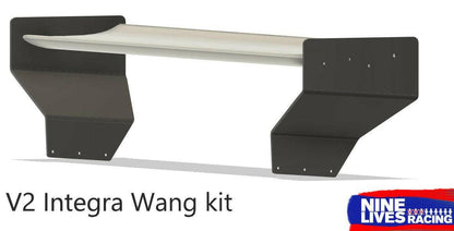 Illustration of the Integra V2 Big Wang Kit '94-01 DC2 by 9livesracing. The image shows a 3D rendering of a rear wing kit, comprising an aerodynamic blade and two endplate mounts for enhanced downforce. The 9livesracing logo is in the bottom right corner.
