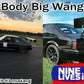 Two images of a black 1979-93 Ford Mustang with a large rear wing, taken at a racetrack. The left image shows the car from a side angle, while the right image shows the rear view. Text reads "Mustang Big Wang Kit '79-'93 Fox body" and "9livesracing". This setup optimizes downforce and improves lift-drag ratio.