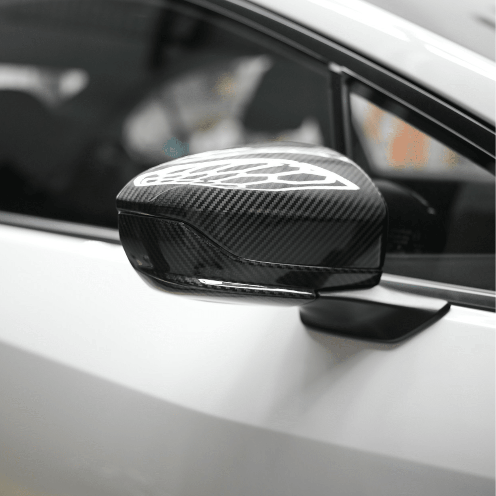 JDMuscle [22-25 WRX w/o Turn Signal] Tanso Pre-preg Carbon Fiber Side Mirror Lower Trim Covers w/ Gloss Finish - Graveyard Performance
