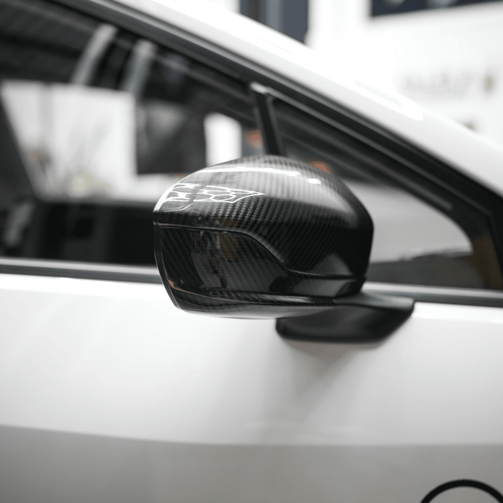 JDMuscle [22-25 WRX w/o Turn Signal] Tanso Pre-preg Carbon Fiber Side Mirror Lower Trim Covers w/ Gloss Finish - Graveyard Performance