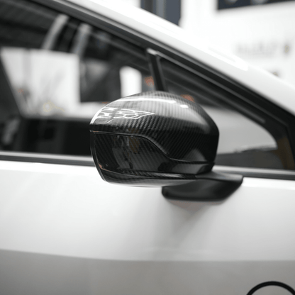 JDMuscle [22-25 WRX w/o Turn Signal] Tanso Pre-preg Carbon Fiber Side Mirror Lower Trim Covers w/ Gloss Finish - Graveyard Performance