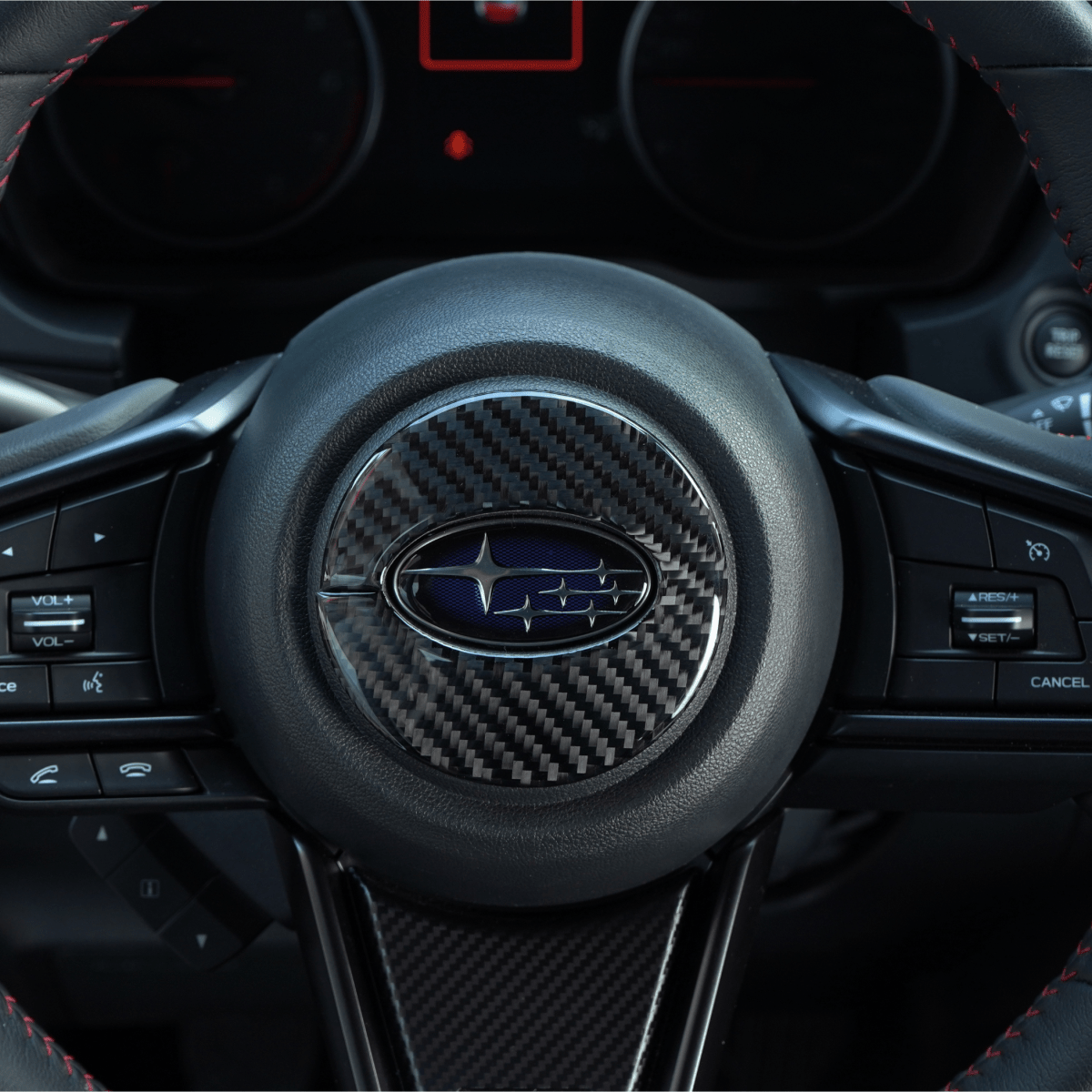 JDMuscle [22-26 WRX] P&S Series Carbon Fiber Airbag Trim Cover | Black Carbon Fiber/ Red Carbon Fiber - Graveyard Performance