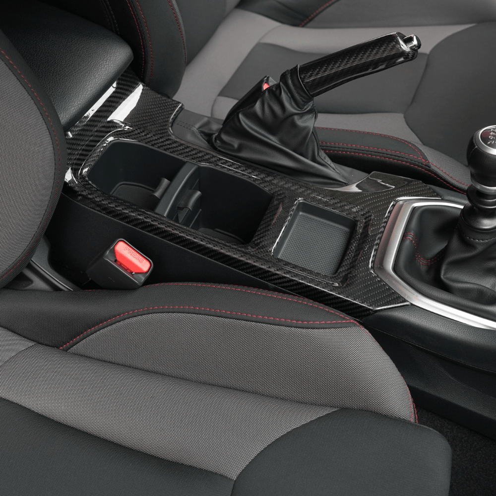 JDMuscle [22-26 WRX] Tanso Pre-preg Carbon Fiber Cup Holder Trim Cover - Graveyard Performance