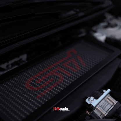JDMuscle [22-26 WRX, 19+ Ascent, 20+ Outback, 20+ Legacy] Top Mount Intercooler Mesh Guard with WRX/STI Logo-Red/White - Graveyard Performance