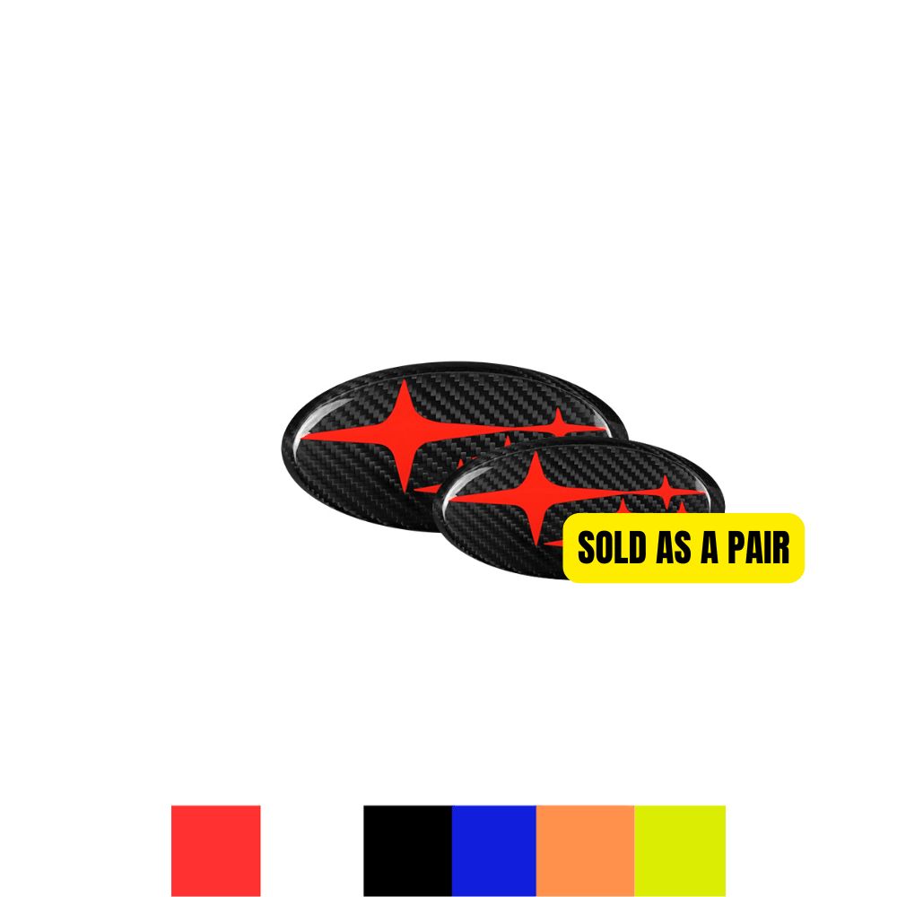 JDMuscle Tanso Carbon Fiber Subaru Emblem Covers Front & Back, Red/White/Blue [22-25 WRX, 15-21 WRX/STI, 18-23 Crosstrek, 17-23 Impreza] - Graveyard Performance