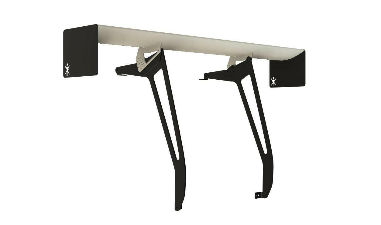 A sleek, wall-mounted metal bike rack with two black arms that extend outward to support a bicycle. The design features a minimalist look with small, stylized cyclist figures on each mounting bracket, reminiscent of the precision engineering in the 9livesracing Civic Hatch EF Wang kit 88-91 to optimize downforce and functionality.