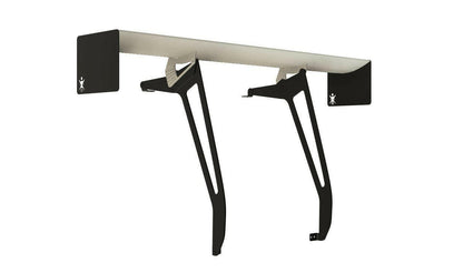 A sleek, wall-mounted metal bike rack with two black arms that extend outward to support a bicycle. The design features a minimalist look with small, stylized cyclist figures on each mounting bracket, reminiscent of the precision engineering in the 9livesracing Civic Hatch EF Wang kit 88-91 to optimize downforce and functionality.