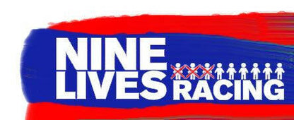 Logo for 9livesracing's Camaro Wang 2016+ 6th Gen featuring a stylized design. The text "NINE LIVES RACING" is displayed prominently in white, with three red "X" marks replacing the letter "I" in "LIVES," and multiple minimalistic human figures, some crossed out, following the text. The design emphasizes downforce adjustments and GT3 performance.