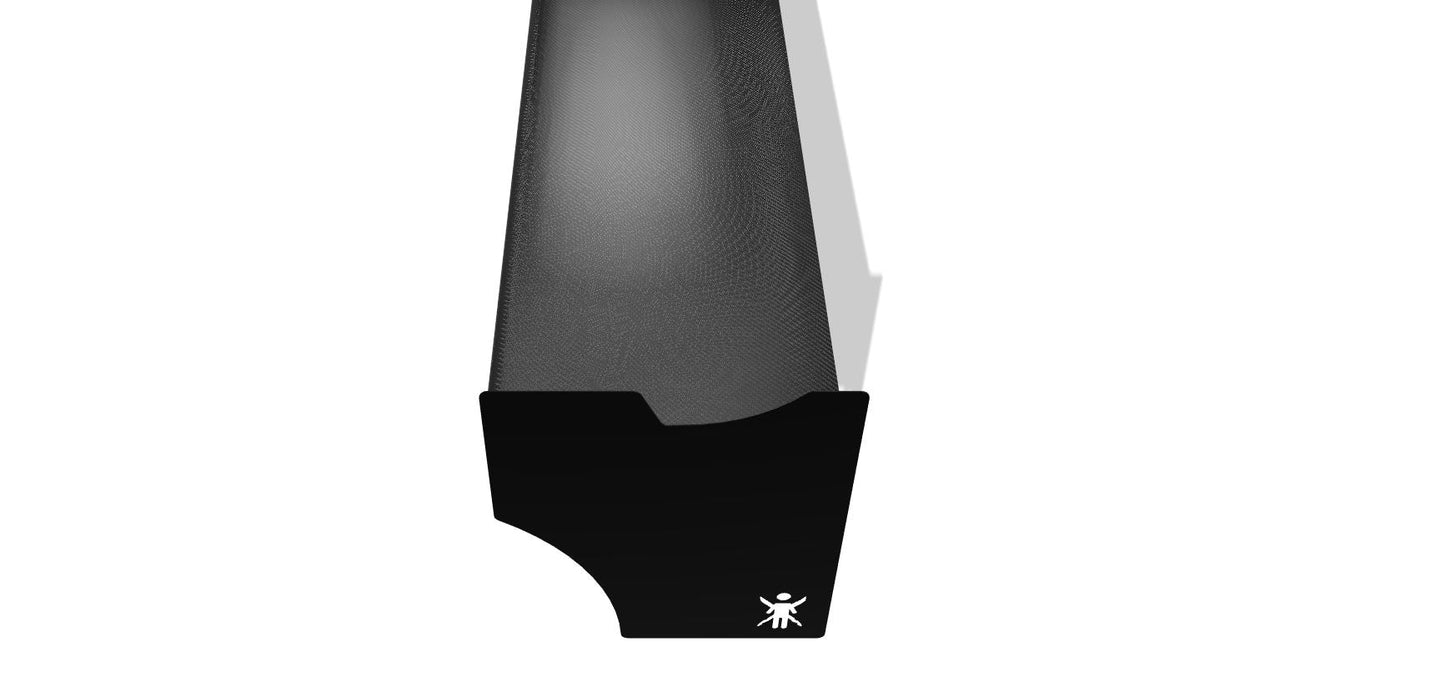 A partial view of the Audi TT 2nd gen. 06-2014, by 9livesracing, reveals a black knife blade attached to a sleek, light aluminum handle against a white background. The bottom of the handle is adorned with a small white stick figure logo.
