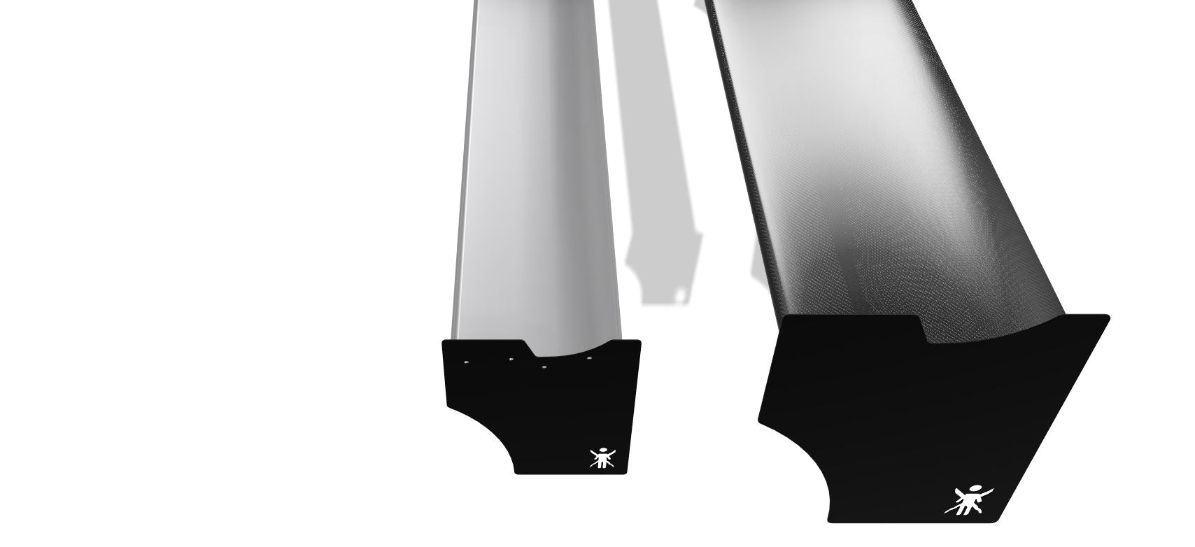 Two skis from the GT-R Big Wang Kit '07-22 by 9livesracing, featuring a black and white minimalistic design with extruded aluminum wings, rest side by side on a white background. Both skis are adorned with a small stick figure logo near their bottoms. The left ski boasts a sleek, reflective surface, while the right one has a more matte appearance.