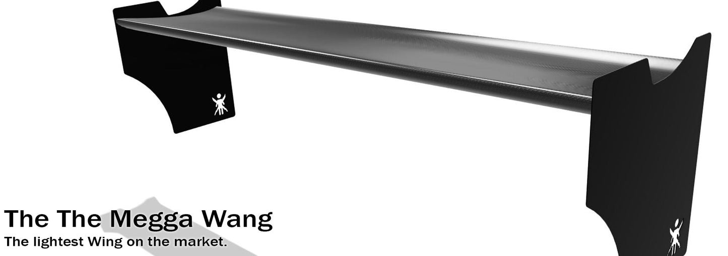 Featured against a white background, the Audi TT 2nd gen. 06-2014 car spoiler by 9livesracing, known as "The Megga Wang," is highlighted as "The lightest Wing on the market." This rear wing kit showcases a sleek and aerodynamic design with light aluminum construction and includes a small graphic of a figure in white on one end.