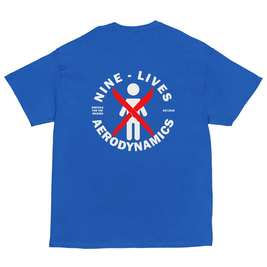 A bright blue Men's classic tee by Nine Lives Racing, featuring a circular design on the back with a stick figure crossed out in red and the text "Nine - Lives Aerodynamics" surrounding it. Additional smaller text reads "Airfoils for heroes not helmets" and "EST. 2018". Perfect for layered streetwear outfits.