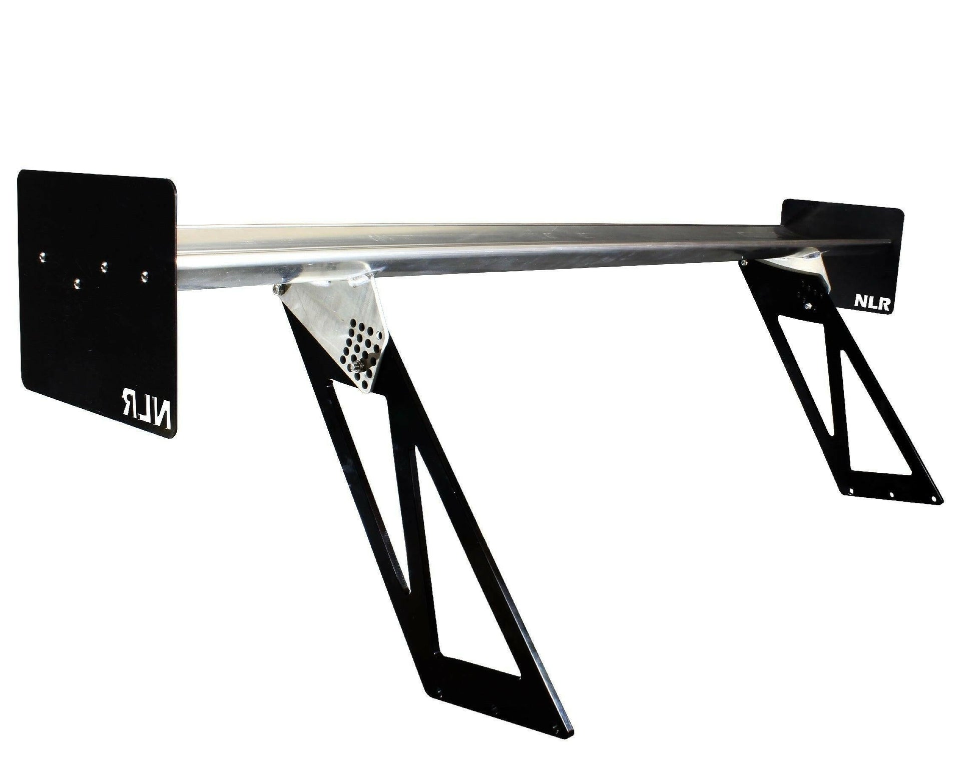 A black and silver car spoiler with angular supports and rectangular endplates bearing the acronym "NLR." The Miata Medium Downforce Kit '90-05 NA/NB by 9livesracing features a sleek, aerodynamic design appropriate for high-performance vehicles like the NB Miata.