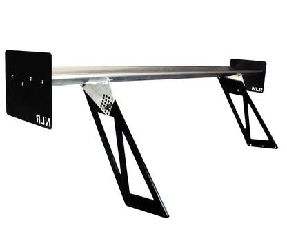 A black and silver car spoiler with angular supports and rectangular endplates bearing the acronym "NLR." The Miata Medium Downforce Kit '90-05 NA/NB by 9livesracing features a sleek, aerodynamic design appropriate for high-performance vehicles like the NB Miata.
