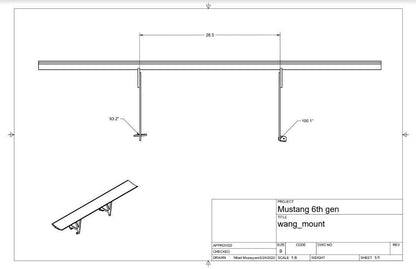 Technical drawing of a rear wing mount for a 6th generation Mustang, designed to enhance Mustang performance. The top view shows mounting dimensions as 28.5 inches wide, while side views show heights of 100.1 and 91.2 inches respectively. The drawing, titled "Mustang Big Wang Kit '14+ S550" by 9livesracing, is scaled at 1:8.
